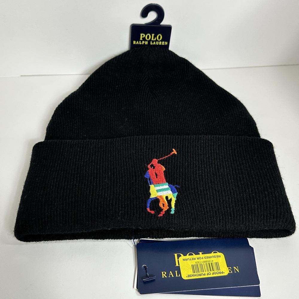 Polo Ralph Lauren Reversible Big Pony Knit Beanie Black Ski Hat Cap One Size NEW